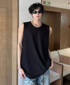 Casual Loose Snake Pattern Ribbed Sleeveless Tank Top for Men - Summer Lazy Style Solid Color Vest Inner Wear