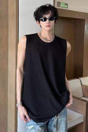 Casual Loose Snake Pattern Ribbed Sleeveless Tank Top for Men - Summer Lazy Style Solid Color Vest Inner Wear