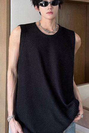 Casual Loose Snake Pattern Ribbed Sleeveless Tank Top for Men - Summer Lazy Style Solid Color Vest Inner Wear