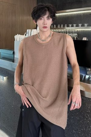 Casual Loose Snake Pattern Ribbed Sleeveless Tank Top for Men - Summer Lazy Style Solid Color Vest Inner Wear