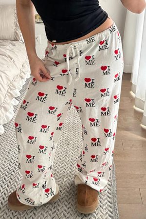 Casual Love Heart Print Wide-Leg Pants for Women - Elastic Waist & Drawstring, European and American Style, Cozy Home Wear