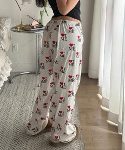 Casual Love Heart Print Wide-Leg Pants for Women - Elastic Waist & Drawstring, European and American Style, Cozy Home Wear