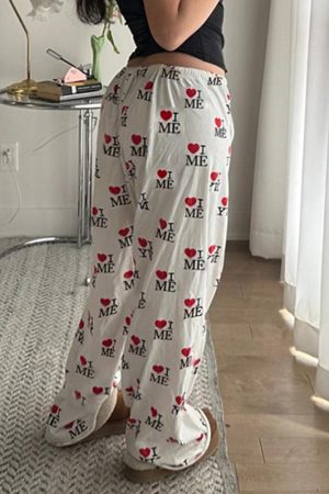 Casual Love Heart Print Wide-Leg Pants for Women - Elastic Waist & Drawstring, European and American Style, Cozy Home Wear