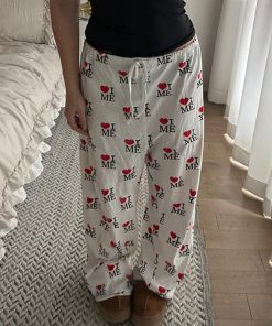 Casual Love Heart Print Wide-Leg Pants for Women - Elastic Waist & Drawstring, European and American Style, Cozy Home Wear
