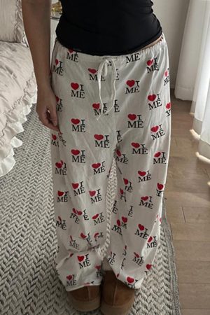 Casual Love Heart Print Wide-Leg Pants for Women - Elastic Waist & Drawstring, European and American Style, Cozy Home Wear