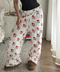 Casual Love Heart Print Wide-Leg Pants for Women - Elastic Waist & Drawstring, European and American Style, Cozy Home Wear