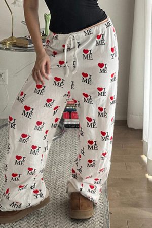 Casual Love Heart Print Wide-Leg Pants for Women - Elastic Waist & Drawstring, European and American Style, Cozy Home Wear