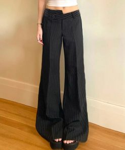 Casual Mermaid Style Spliced Striped Wide-Leg Pants with Asymmetrical Waist - Hipster Versatile Fashion for Y2K and Korean Style Lovers