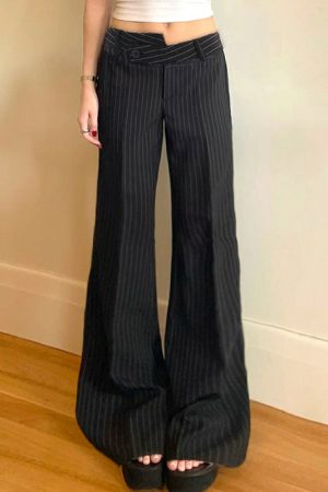 Casual Mermaid Style Spliced Striped Wide-Leg Pants with Asymmetrical Waist - Hipster Versatile Fashion for Y2K and Korean Style Lovers