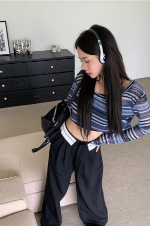 Casual Outfit, Cute Simple Outfits - Striped Wide Neck Crop Sweater