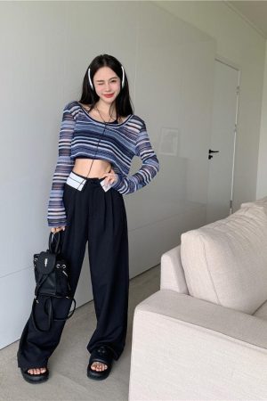 Casual Outfit, Cute Simple Outfits - Striped Wide Neck Crop Sweater