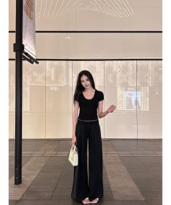 Casual Ribbed Drawstring Sweatpants with Wide Waist - Loose Fit Leisurewear for Everyday Comfort