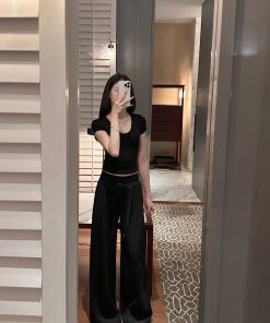 Casual Ribbed Drawstring Sweatpants with Wide Waist - Loose Fit Leisurewear for Everyday Comfort