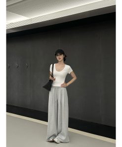 Casual Ribbed Drawstring Sweatpants with Wide Waist - Loose Fit Leisurewear for Everyday Comfort