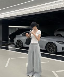 Casual Ribbed Drawstring Sweatpants with Wide Waist - Loose Fit Leisurewear for Everyday Comfort