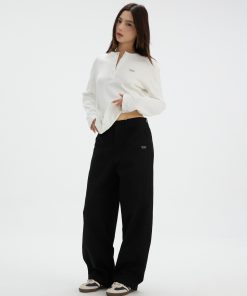 Casual Straight-Leg Workwear Pants with Elastic Waist - Comfortable Black and White Options for Spring and Summer Fashion