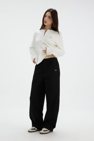Casual Straight-Leg Workwear Pants with Elastic Waist - Comfortable Black and White Options for Spring and Summer Fashion