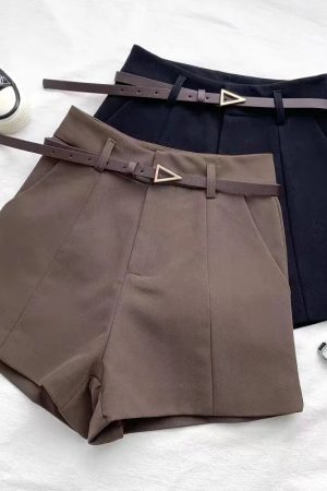 Casual Swag Outfits Women, Korean Soft Fashion - Belted High Waisted Shorts