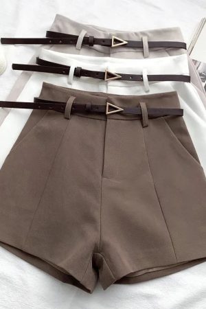 Casual Swag Outfits Women, Korean Soft Fashion - Belted High Waisted Shorts
