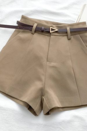 Casual Swag Outfits Women, Korean Soft Fashion - Belted High Waisted Shorts