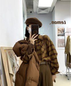 Casual Vintage Plaid Shirt for Women - 2025 Autumn Winter Korean Style Brushed Coffee Color Long Sleeve Layering Top