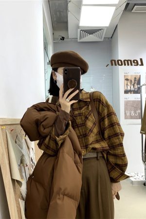 Casual Vintage Plaid Shirt for Women - 2025 Autumn Winter Korean Style Brushed Coffee Color Long Sleeve Layering Top