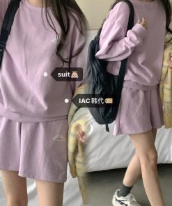 Casual Violet Pastel Cotton Sweatshirt Set - Korean Style Spring Fashion, Lightweight and Comfortable