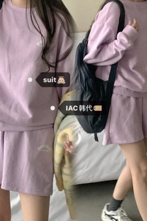 Casual Violet Pastel Cotton Sweatshirt Set - Korean Style Spring Fashion, Lightweight and Comfortable