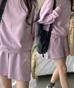 Casual Violet Pastel Cotton Sweatshirt Set - Korean Style Spring Fashion, Lightweight and Comfortable