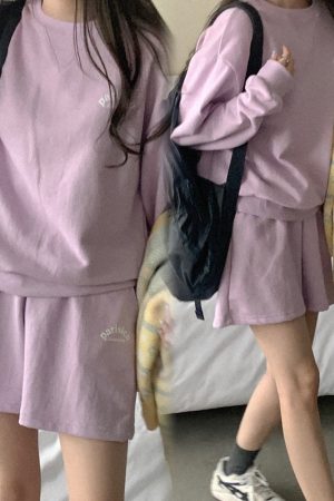 Casual Violet Pastel Cotton Sweatshirt Set - Korean Style Spring Fashion, Lightweight and Comfortable