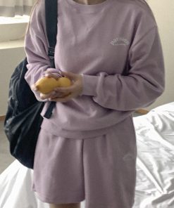 Casual Violet Pastel Cotton Sweatshirt Set - Korean Style Spring Fashion, Lightweight and Comfortable