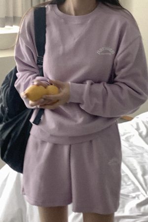Casual Violet Pastel Cotton Sweatshirt Set - Korean Style Spring Fashion, Lightweight and Comfortable