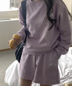 Casual Violet Pastel Cotton Sweatshirt Set - Korean Style Spring Fashion, Lightweight and Comfortable