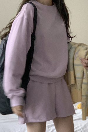 Casual Violet Pastel Cotton Sweatshirt Set - Korean Style Spring Fashion, Lightweight and Comfortable
