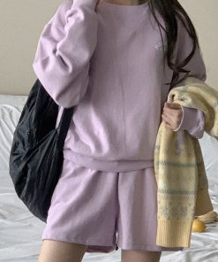 Casual Violet Pastel Cotton Sweatshirt Set - Korean Style Spring Fashion, Lightweight and Comfortable