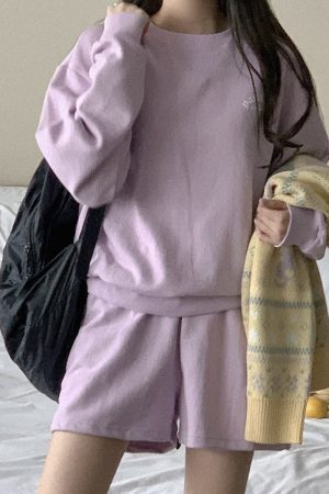 Casual Violet Pastel Cotton Sweatshirt Set - Korean Style Spring Fashion, Lightweight and Comfortable