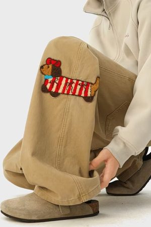Casual Wide-Leg Loose Straight Pants for Men and Women, American-Style Sausage Dog Patch Embroidery, Trendy Spring Fashion
