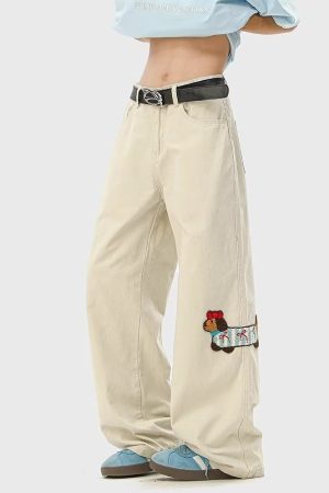 Casual Wide-Leg Loose Straight Pants for Men and Women, American-Style Sausage Dog Patch Embroidery, Trendy Spring Fashion