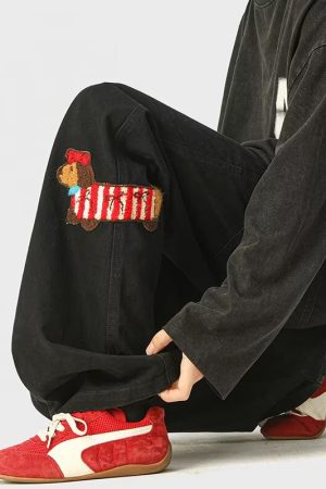 Casual Wide-Leg Loose Straight Pants for Men and Women, American-Style Sausage Dog Patch Embroidery, Trendy Spring Fashion