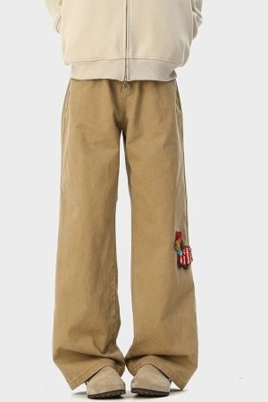 Casual Wide-Leg Loose Straight Pants for Men and Women, American-Style Sausage Dog Patch Embroidery, Trendy Spring Fashion