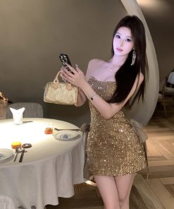 Champagne Sequined Strapless Evening Dress for Women, Sexy Bodycon Style for Banquets and Parties