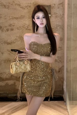 Champagne Sequined Strapless Evening Dress for Women, Sexy Bodycon Style for Banquets and Parties