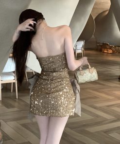 Champagne Sequined Strapless Evening Dress for Women, Sexy Bodycon Style for Banquets and Parties
