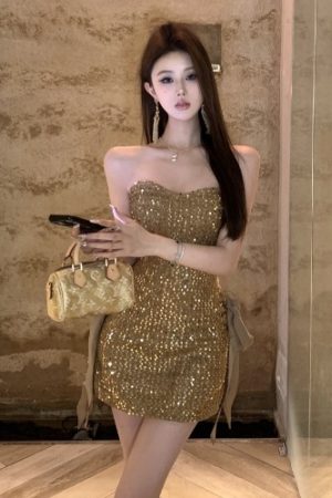 Champagne Sequined Strapless Evening Dress for Women, Sexy Bodycon Style for Banquets and Parties