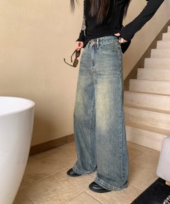 Charcoal Gray High-Waisted Wide-Leg Jeans for Women, Slimming Loose Straight Casual Trousers, Floor-Length Y2K Style