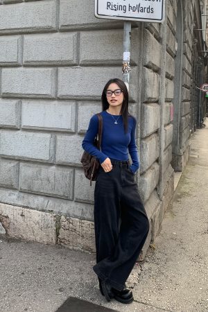 Charcoal Gray High-Waisted Wide-Leg Jeans for Women, Slimming Loose Straight Casual Trousers, Floor-Length Y2K Style