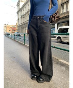 Charcoal Gray High-Waisted Wide-Leg Jeans for Women, Slimming Loose Straight Casual Trousers, Floor-Length Y2K Style
