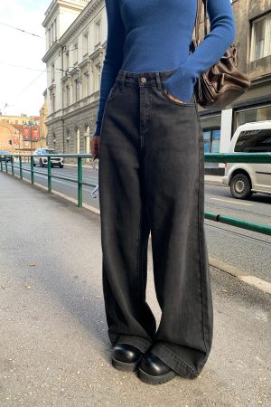 Charcoal Gray High-Waisted Wide-Leg Jeans for Women, Slimming Loose Straight Casual Trousers, Floor-Length Y2K Style