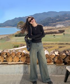 Charcoal Gray High-Waisted Wide-Leg Jeans for Women, Slimming Loose Straight Casual Trousers, Floor-Length Y2K Style