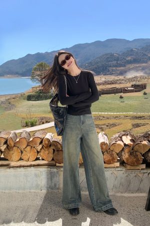 Charcoal Gray High-Waisted Wide-Leg Jeans for Women, Slimming Loose Straight Casual Trousers, Floor-Length Y2K Style